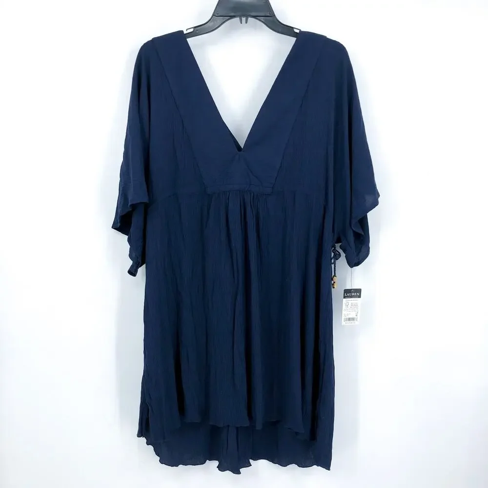 LAUREN BY RALPH LAUREN Womens Swim Cover Up Tunic Large Navy Blue Crinkle NWT